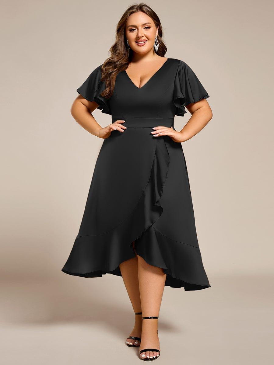 ever SAIGE|V-Neck Satin Midi Wedding Guest Dress with Ruffled Skirt