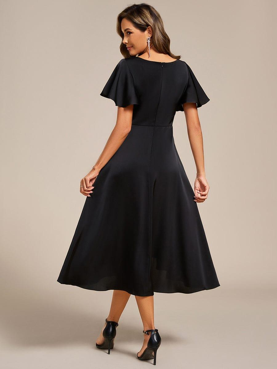 ever SAIGE|V-Neck Satin Midi Wedding Guest Dress with Ruffled Skirt
