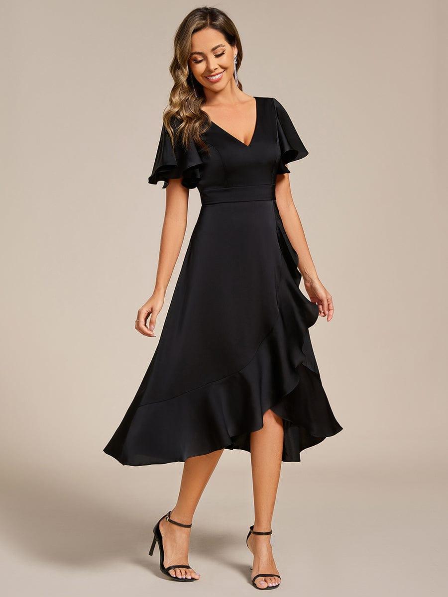 ever SAIGE|V-Neck Satin Midi Wedding Guest Dress with Ruffled Skirt