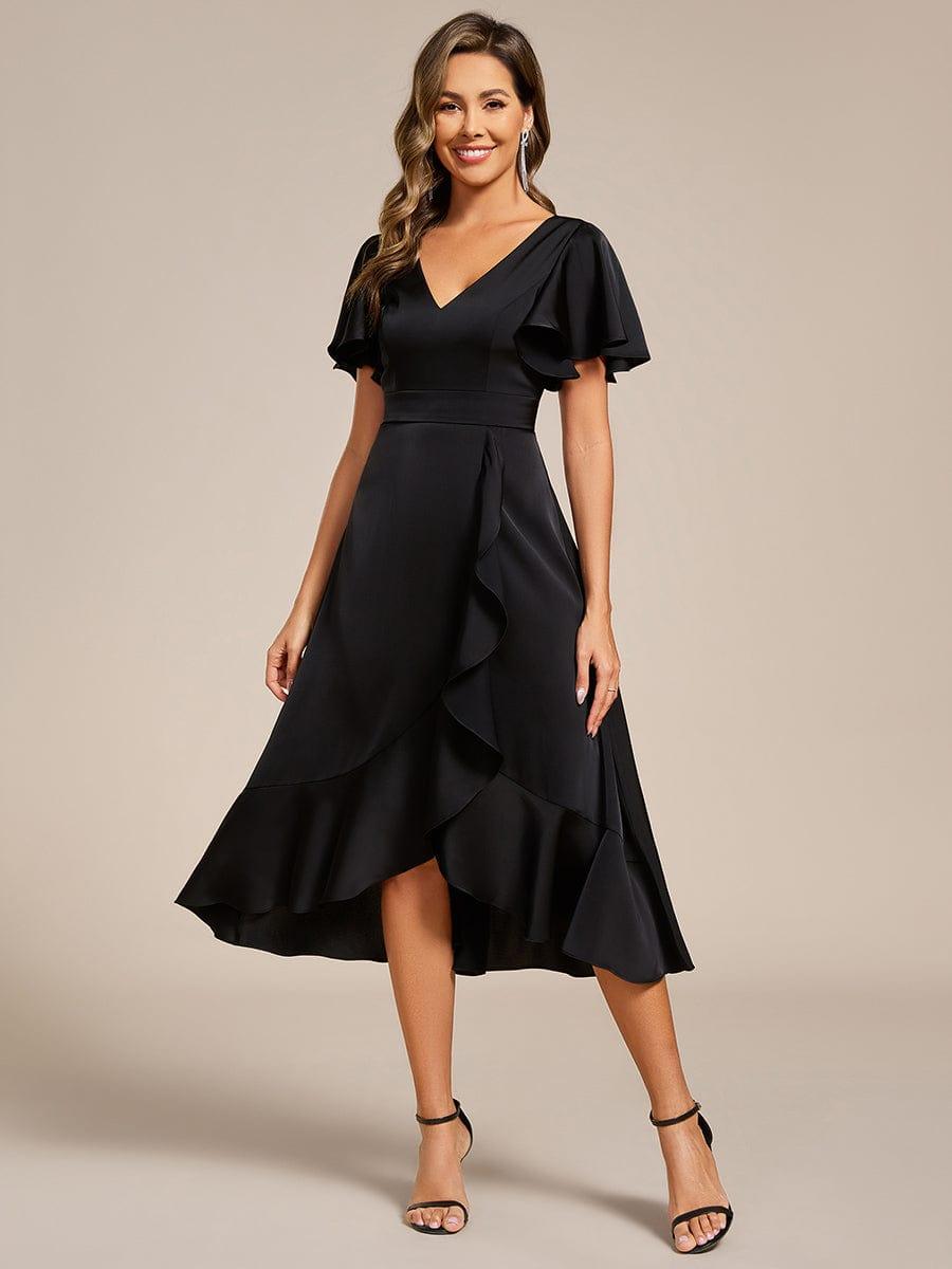ever SAIGE|V-Neck Satin Midi Wedding Guest Dress with Ruffled Skirt