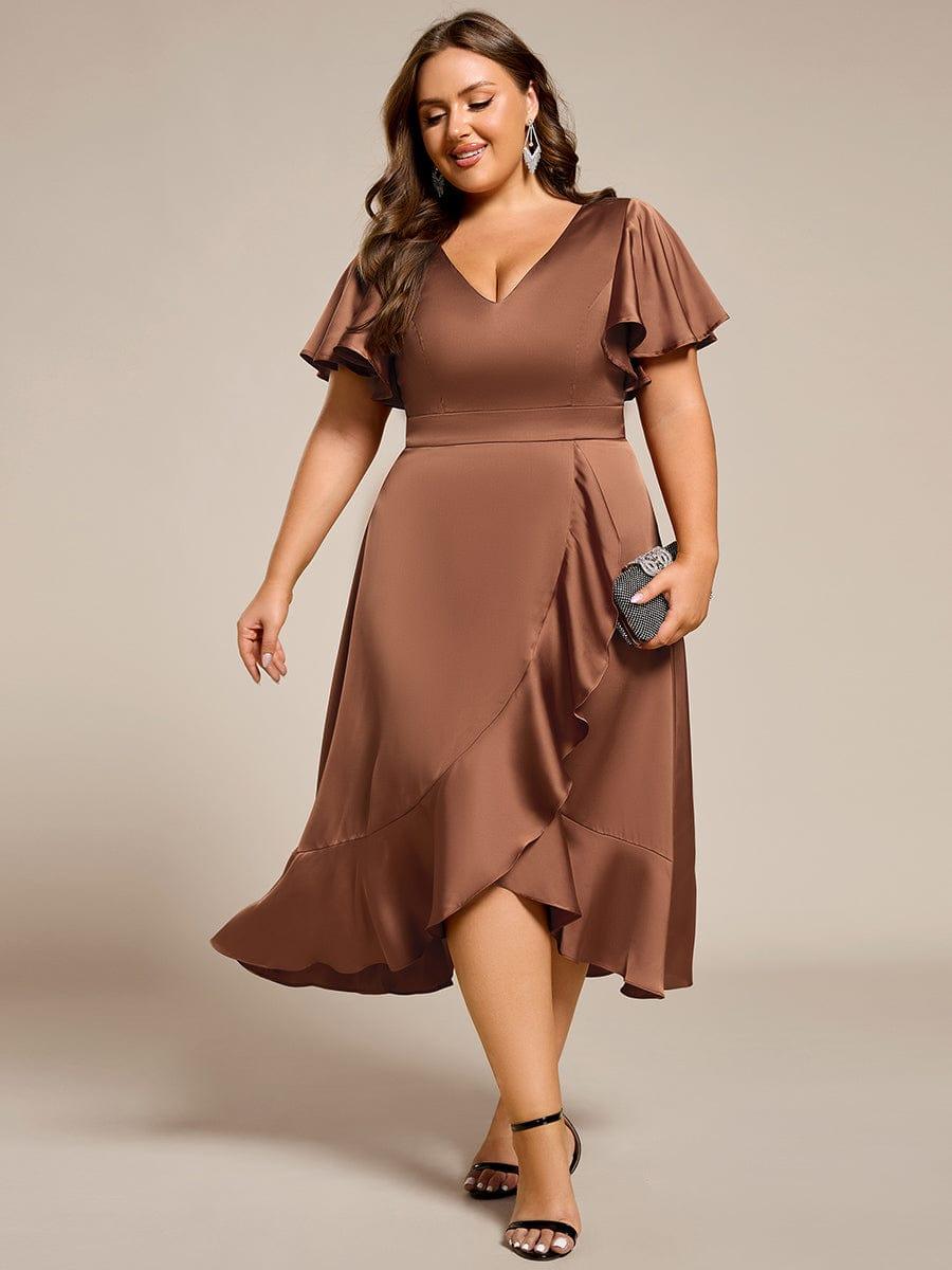 ever SAIGE|V-Neck Satin Midi Wedding Guest Dress with Ruffled Skirt