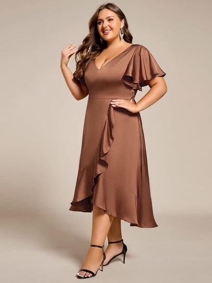 pretty SAIGE|Plus Size V-Neck Satin Midi Wedding Guest Dress with Ruffled Skirt