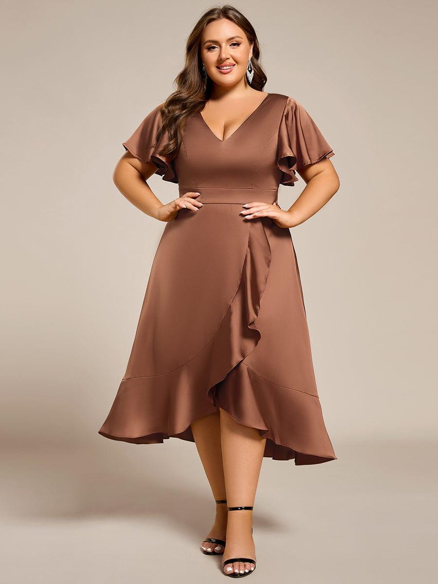 pretty SAIGE|Plus Size V-Neck Satin Midi Wedding Guest Dress with Ruffled Skirt