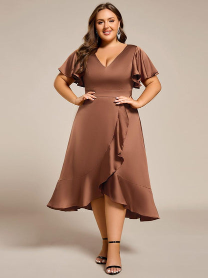 pretty SAIGE|Plus Size V-Neck Satin Midi Wedding Guest Dress with Ruffled Skirt