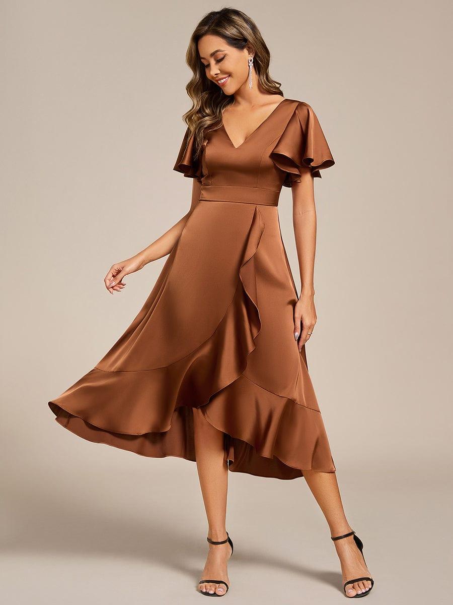 ever SAIGE|V-Neck Satin Midi Wedding Guest Dress with Ruffled Skirt