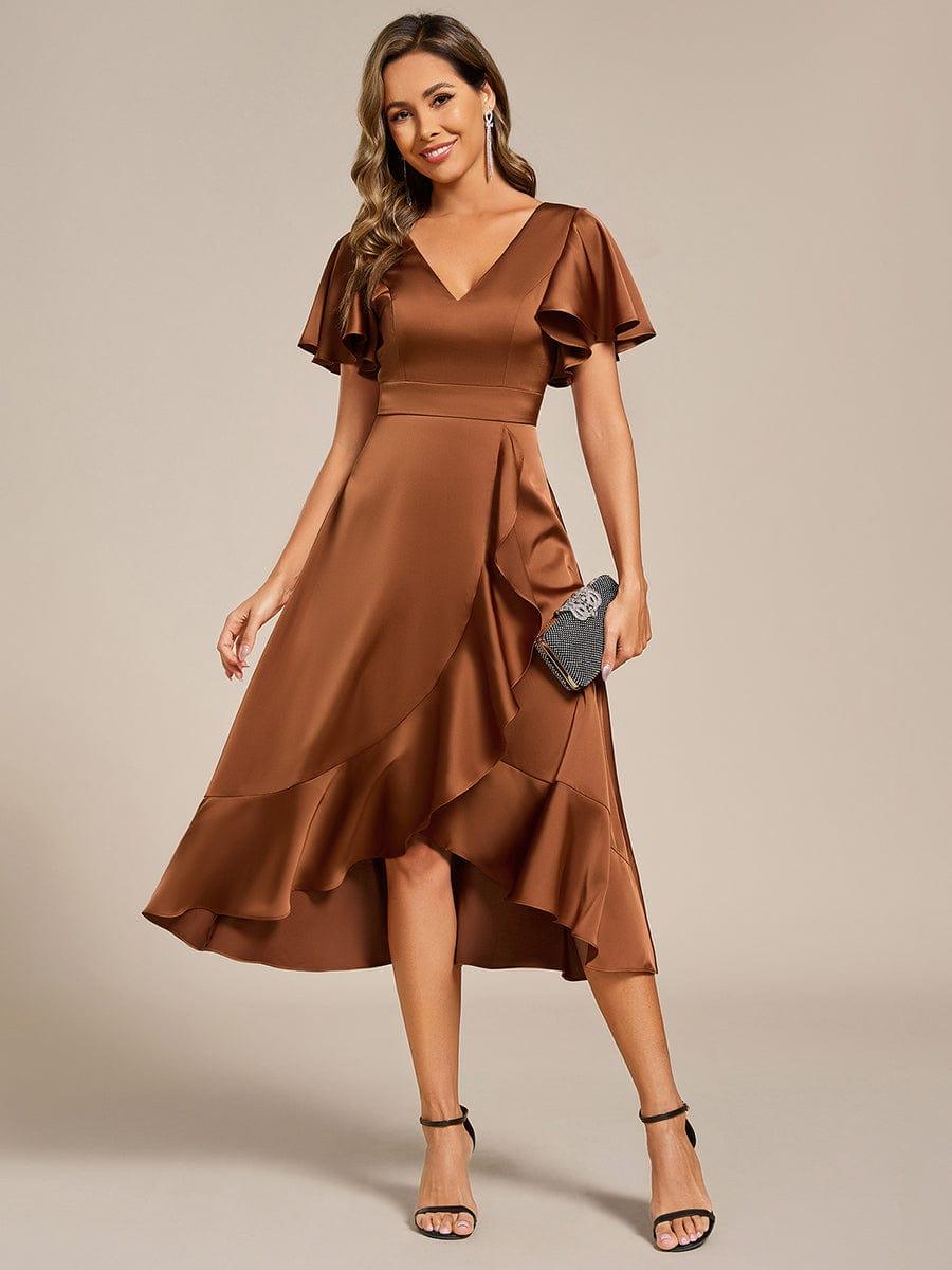 ever SAIGE|V-Neck Satin Midi Wedding Guest Dress with Ruffled Skirt
