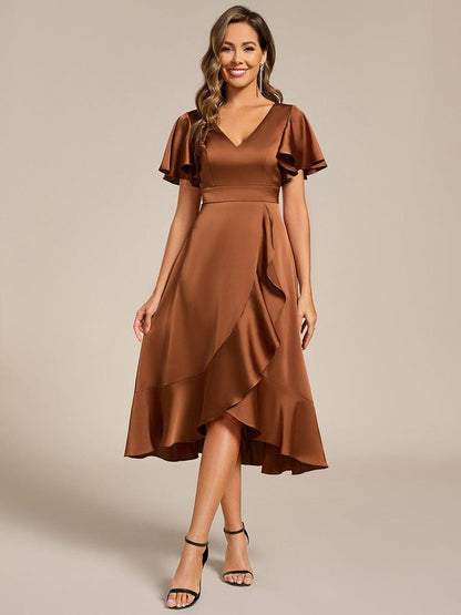 ever SAIGE|V-Neck Satin Midi Wedding Guest Dress with Ruffled Skirt