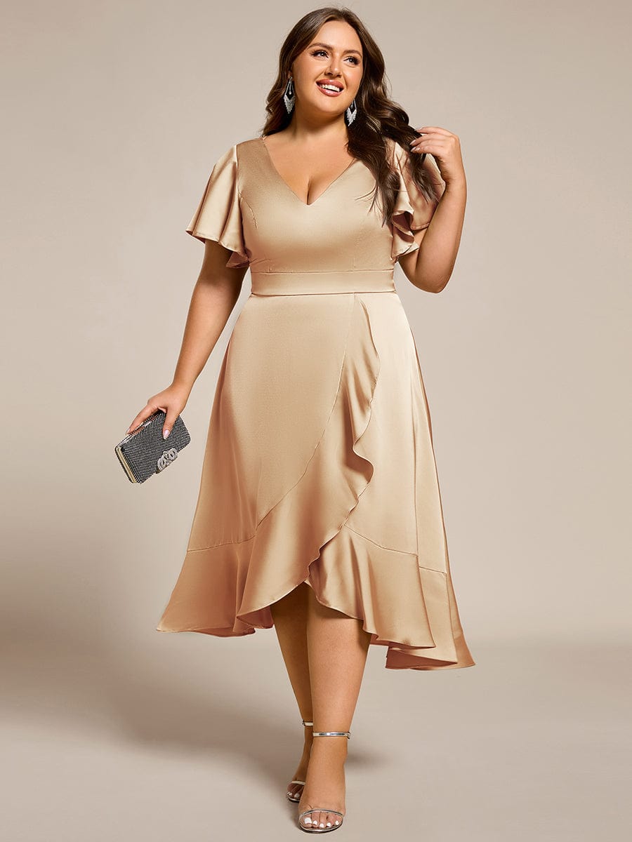 ever SAIGE|V-Neck Satin Midi Wedding Guest Dress with Ruffled Skirt