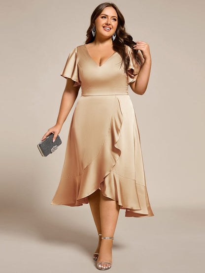 ever SAIGE|V-Neck Satin Midi Wedding Guest Dress with Ruffled Skirt