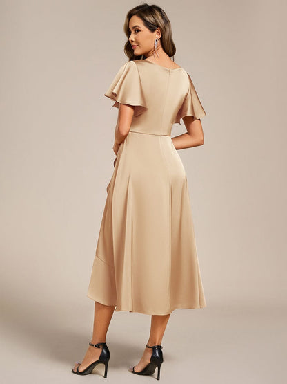 ever SAIGE|V-Neck Satin Midi Wedding Guest Dress with Ruffled Skirt