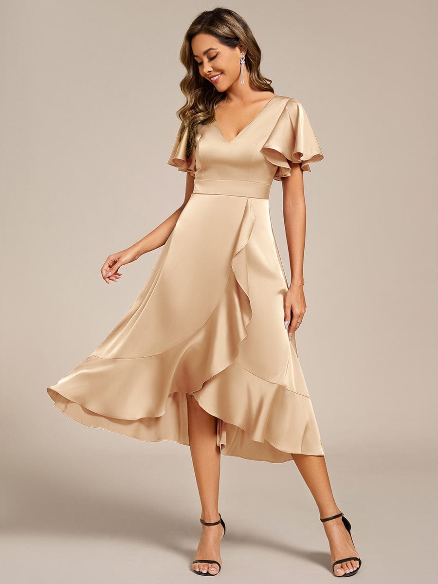 ever SAIGE|V-Neck Satin Midi Wedding Guest Dress with Ruffled Skirt