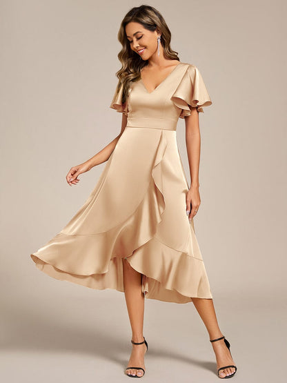 ever SAIGE|V-Neck Satin Midi Wedding Guest Dress with Ruffled Skirt