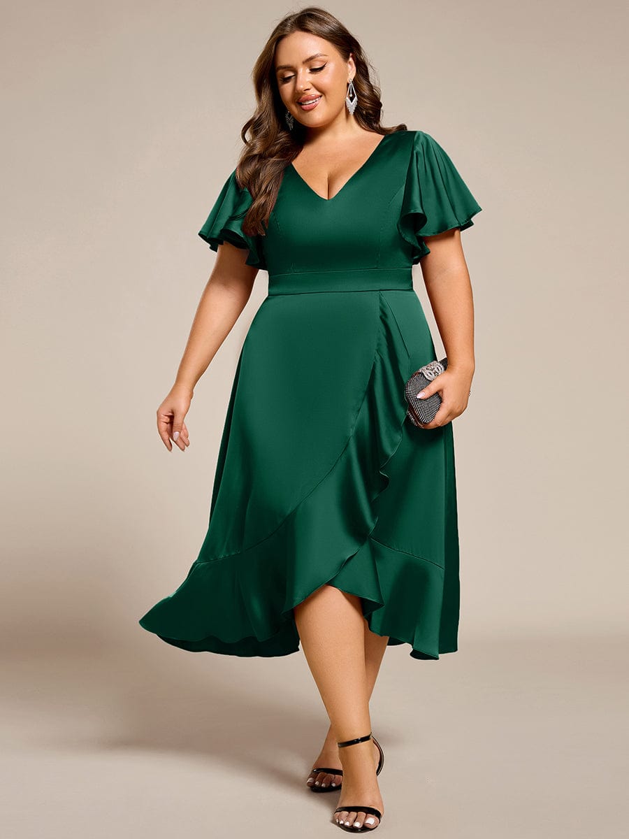 ever SAIGE|V-Neck Satin Midi Wedding Guest Dress with Ruffled Skirt