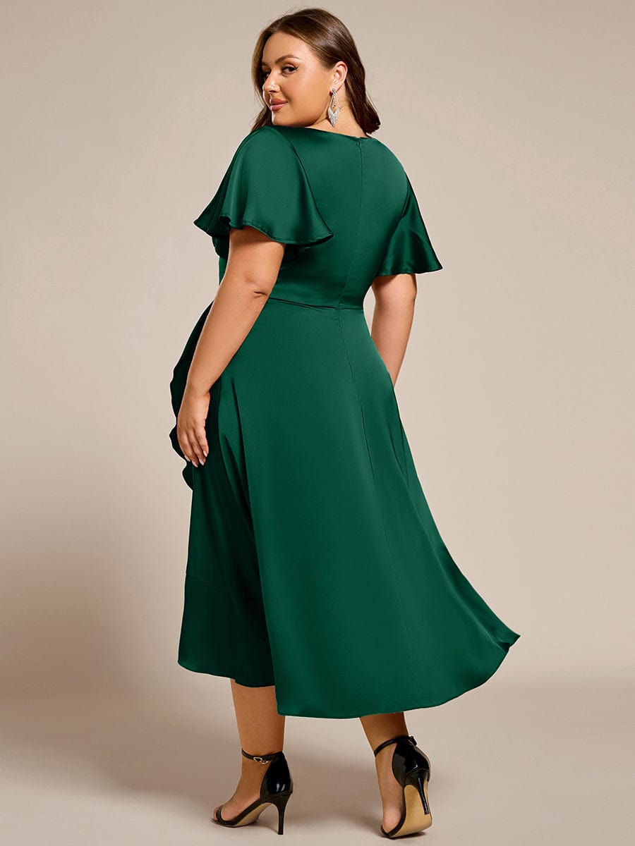 ever SAIGE|V-Neck Satin Midi Wedding Guest Dress with Ruffled Skirt