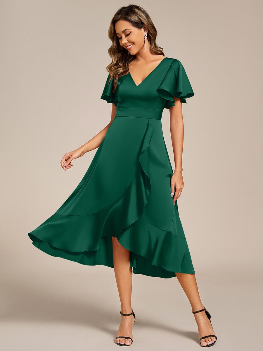 ever SAIGE|V-Neck Satin Midi Wedding Guest Dress with Ruffled Skirt