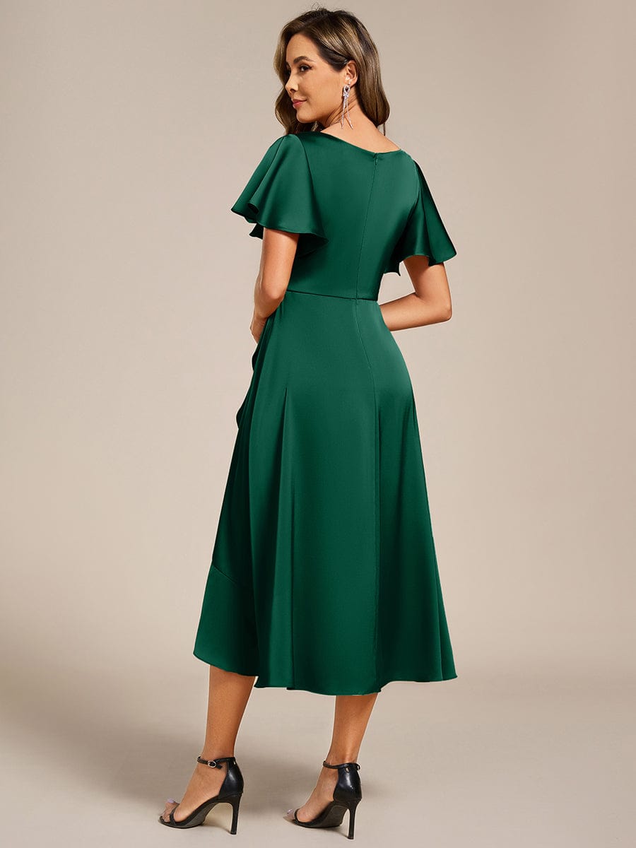 ever SAIGE|V-Neck Satin Midi Wedding Guest Dress with Ruffled Skirt