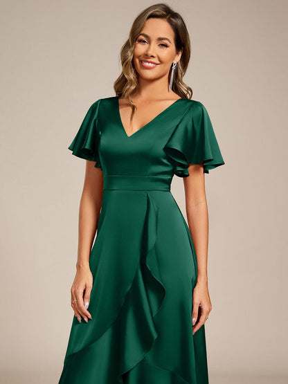ever SAIGE|V-Neck Satin Midi Wedding Guest Dress with Ruffled Skirt