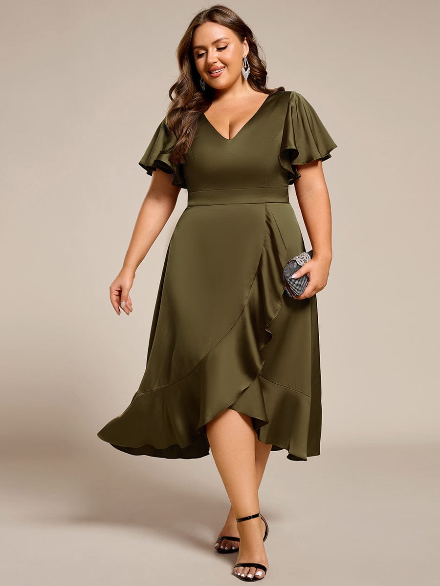 ever SAIGE|V-Neck Satin Midi Wedding Guest Dress with Ruffled Skirt
