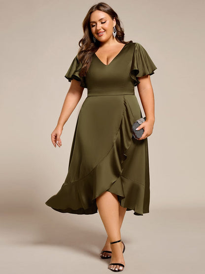 ever SAIGE|V-Neck Satin Midi Wedding Guest Dress with Ruffled Skirt