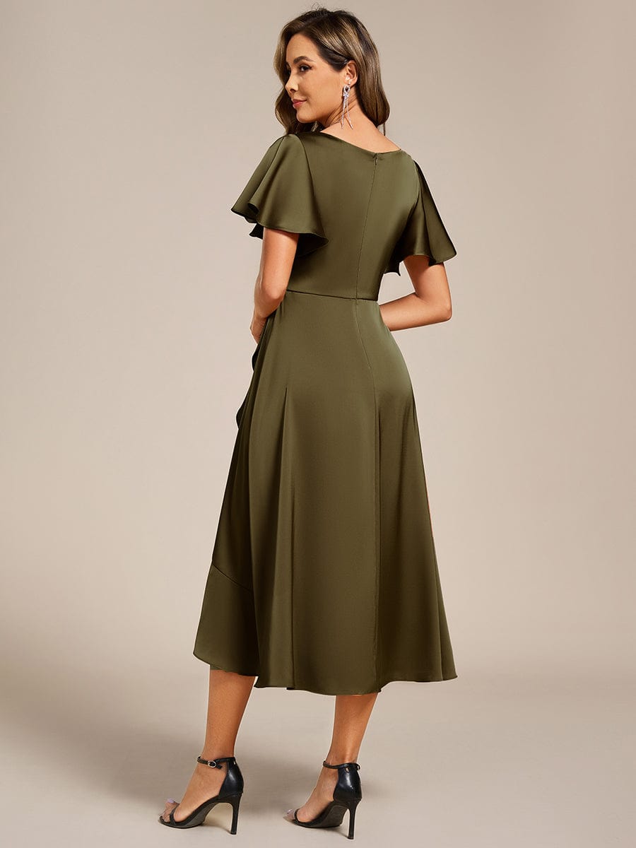 ever SAIGE|V-Neck Satin Midi Wedding Guest Dress with Ruffled Skirt