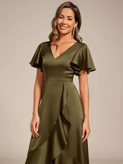 ever SAIGE|V-Neck Satin Midi Wedding Guest Dress with Ruffled Skirt