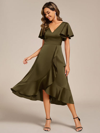 ever SAIGE|V-Neck Satin Midi Wedding Guest Dress with Ruffled Skirt