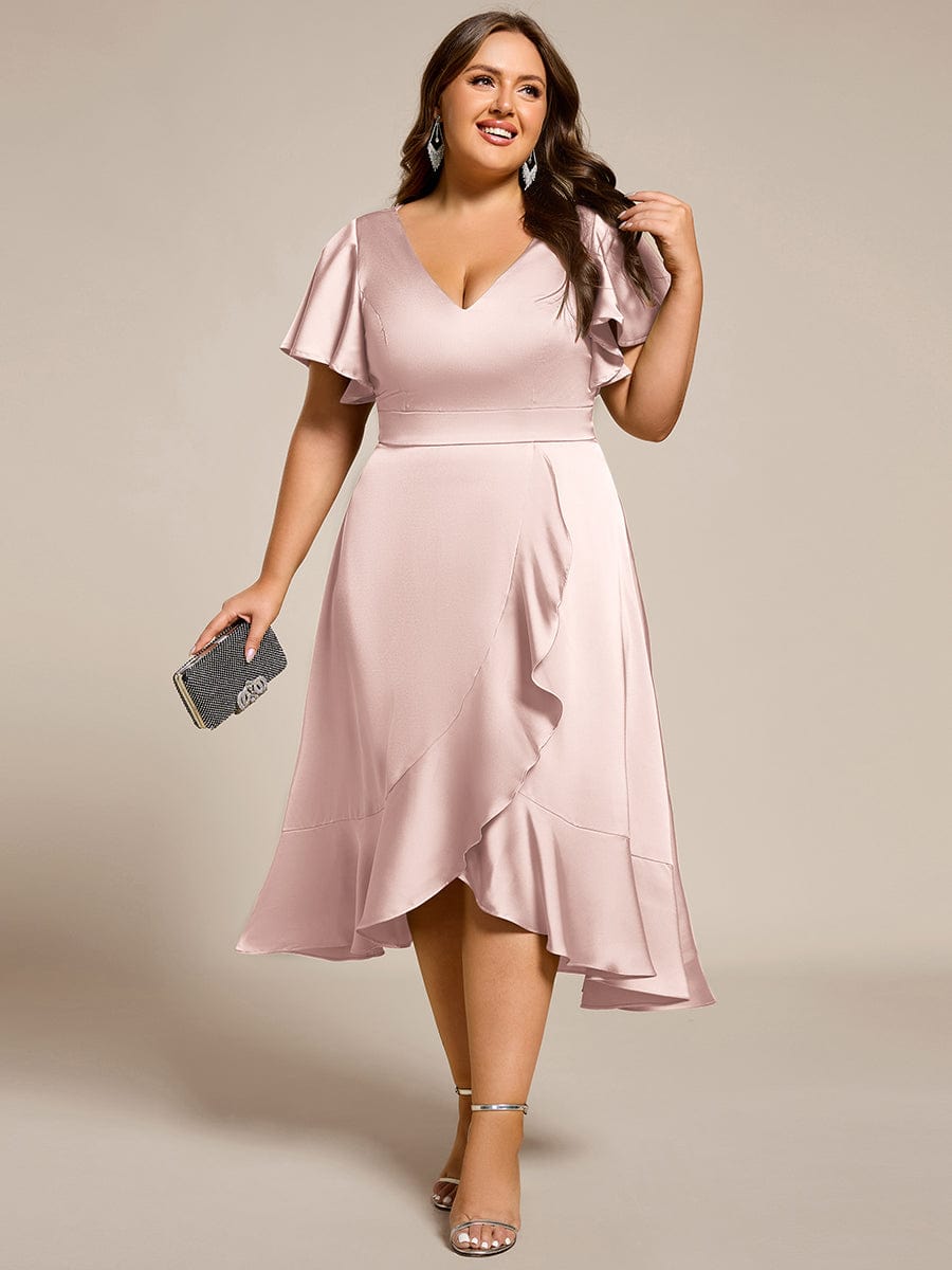 ever SAIGE|V-Neck Satin Midi Wedding Guest Dress with Ruffled Skirt