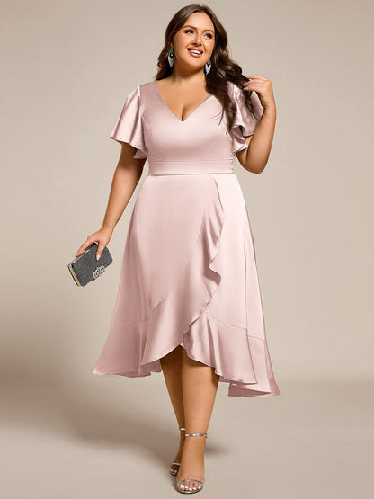 ever SAIGE|V-Neck Satin Midi Wedding Guest Dress with Ruffled Skirt