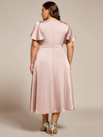 ever SAIGE|V-Neck Satin Midi Wedding Guest Dress with Ruffled Skirt