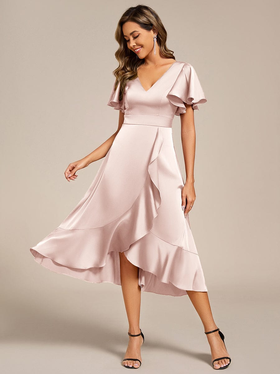 ever SAIGE|V-Neck Satin Midi Wedding Guest Dress with Ruffled Skirt