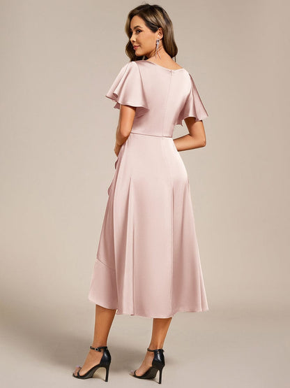 ever SAIGE|V-Neck Satin Midi Wedding Guest Dress with Ruffled Skirt