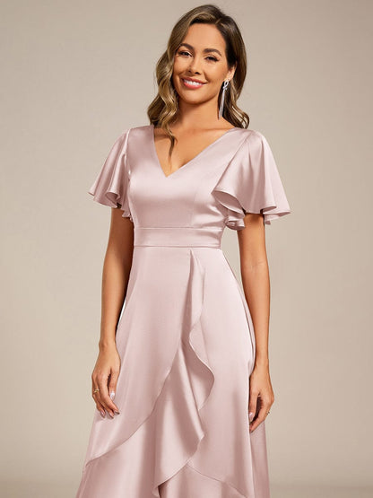 ever SAIGE|V-Neck Satin Midi Wedding Guest Dress with Ruffled Skirt