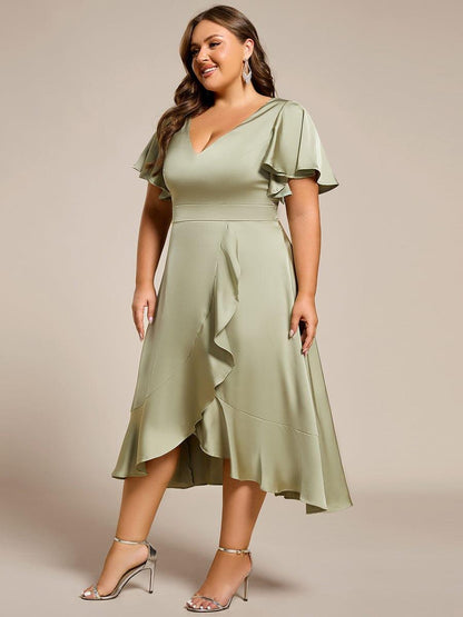 ever SAIGE|V-Neck Satin Midi Wedding Guest Dress with Ruffled Skirt
