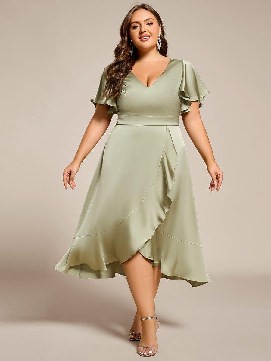 ever SAIGE|V-Neck Satin Midi Wedding Guest Dress with Ruffled Skirt