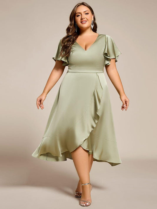 pretty SAIGE|Plus Size V-Neck Satin Midi Wedding Guest Dress with Ruffled Skirt