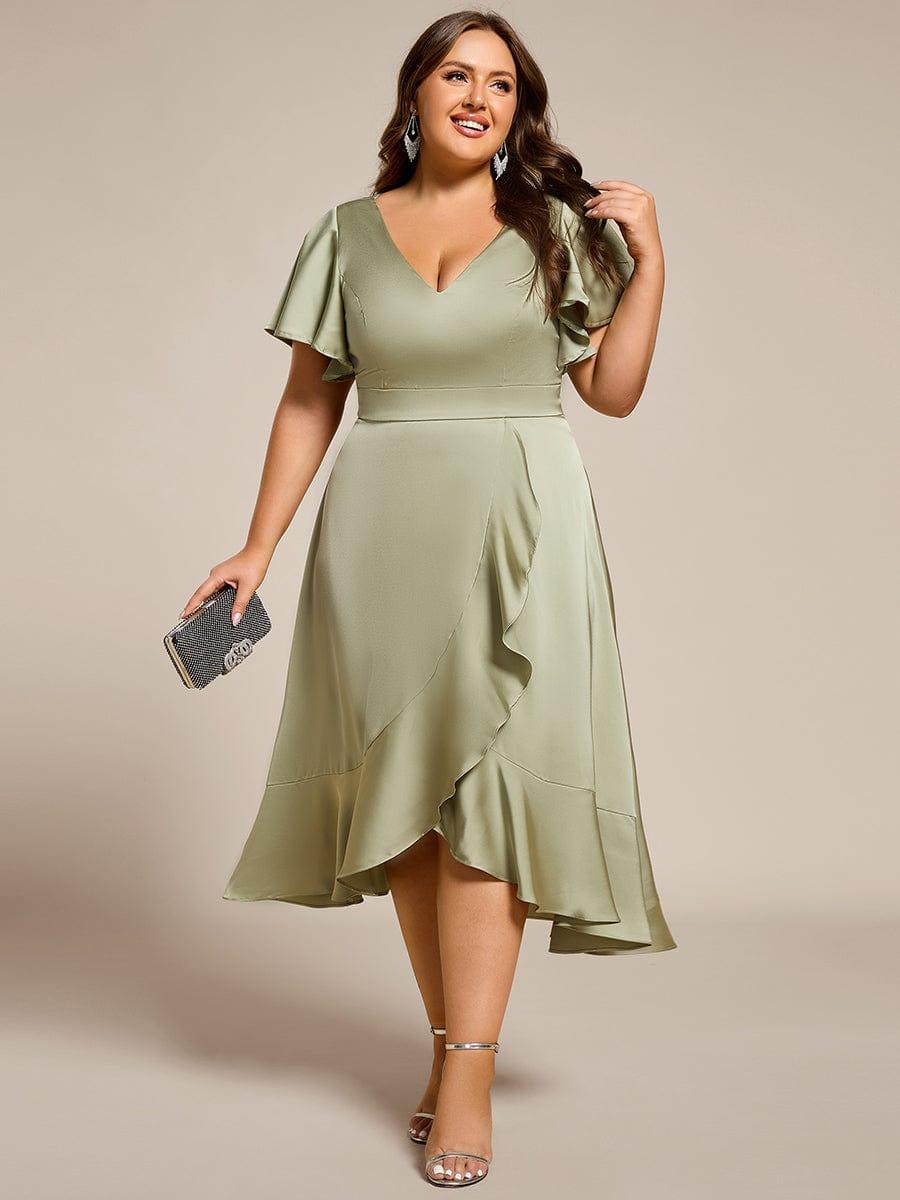 pretty SAIGE|Plus Size V-Neck Satin Midi Wedding Guest Dress with Ruffled Skirt