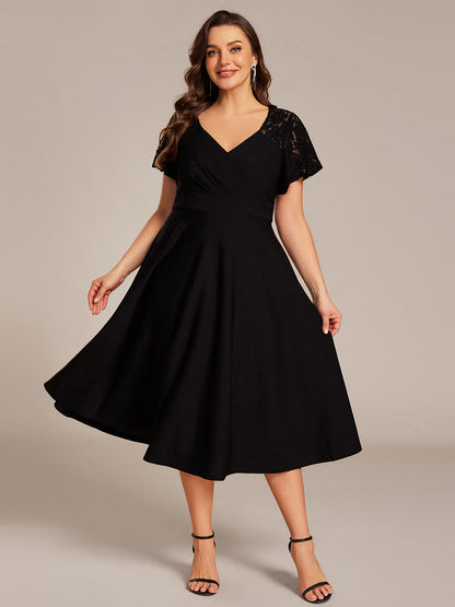 pretty EVIE|Plus Size A-Line Pleated Midi Wedding Guest Dress with Pockets