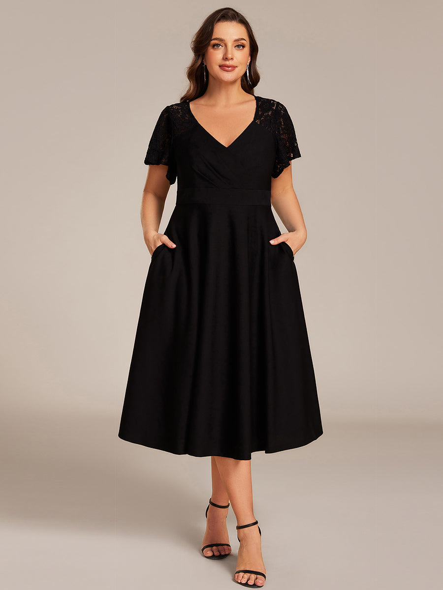 ever EVIE|Short Sleeves A-Line Midi Wedding Guest Dress with Pockets