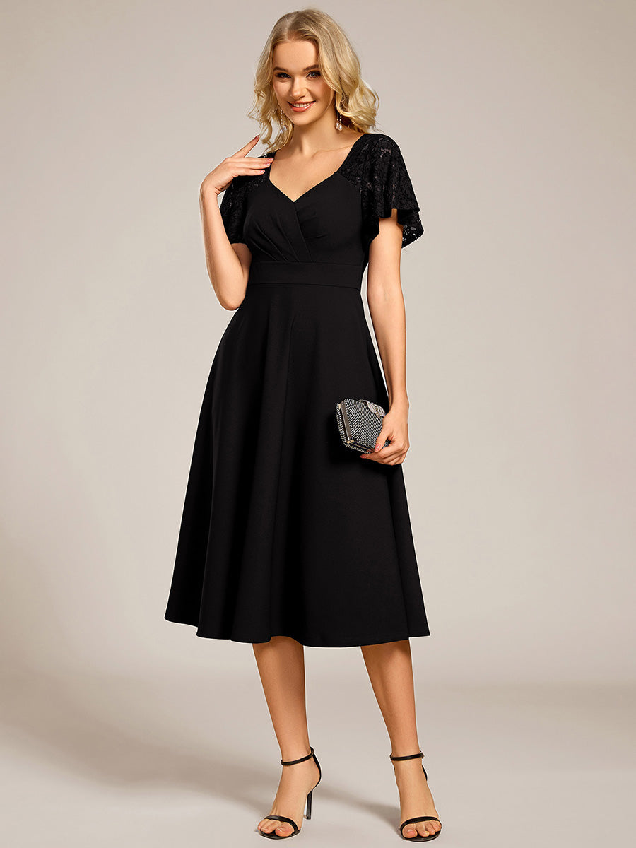 ever EVIE|Short Sleeves A-Line Midi Wedding Guest Dress with Pockets