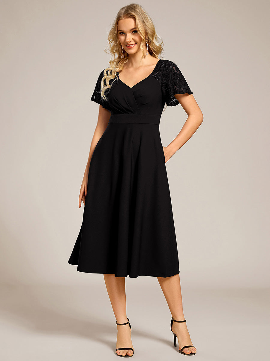 ever EVIE|Short Sleeves A-Line Midi Wedding Guest Dress with Pockets