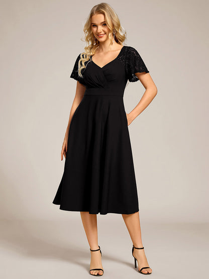 ever EVIE|Short Sleeves A-Line Midi Wedding Guest Dress with Pockets