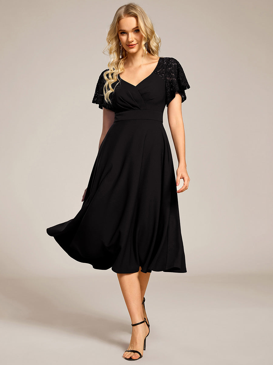 ever EVIE|Short Sleeves A-Line Midi Wedding Guest Dress with Pockets