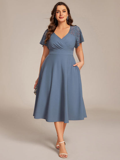 ever EVIE|Short Sleeves A-Line Midi Wedding Guest Dress with Pockets