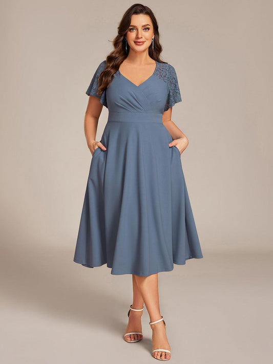 ever EVIE|Short Sleeves A-Line Midi Wedding Guest Dress with Pockets