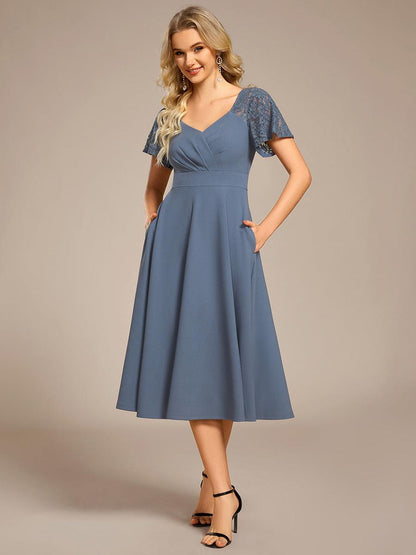 ever EVIE|Short Sleeves A-Line Midi Wedding Guest Dress with Pockets