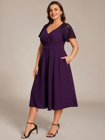 ever EVIE|Short Sleeves A-Line Midi Wedding Guest Dress with Pockets