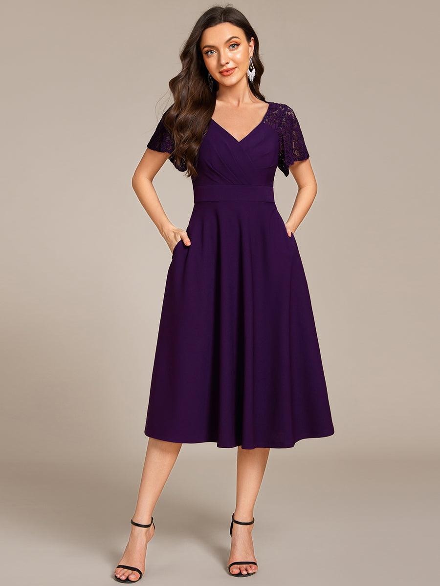 ever EVIE|Short Sleeves A-Line Midi Wedding Guest Dress with Pockets