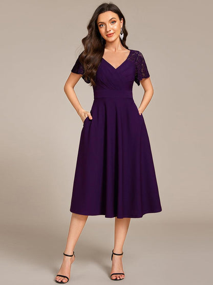 ever EVIE|Short Sleeves A-Line Midi Wedding Guest Dress with Pockets