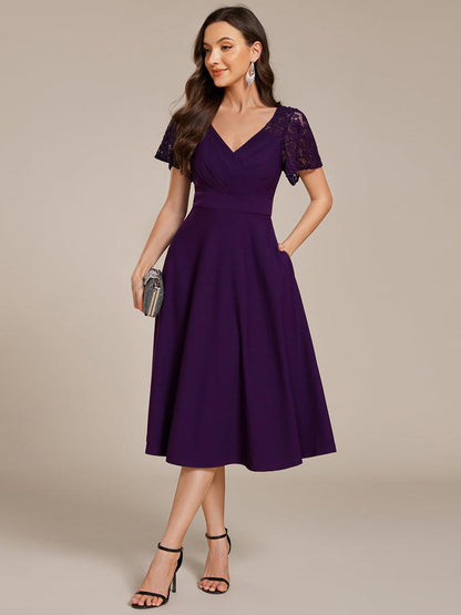 ever EVIE|Short Sleeves A-Line Midi Wedding Guest Dress with Pockets