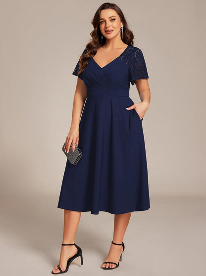 ever EVIE|Short Sleeves A-Line Midi Wedding Guest Dress with Pockets